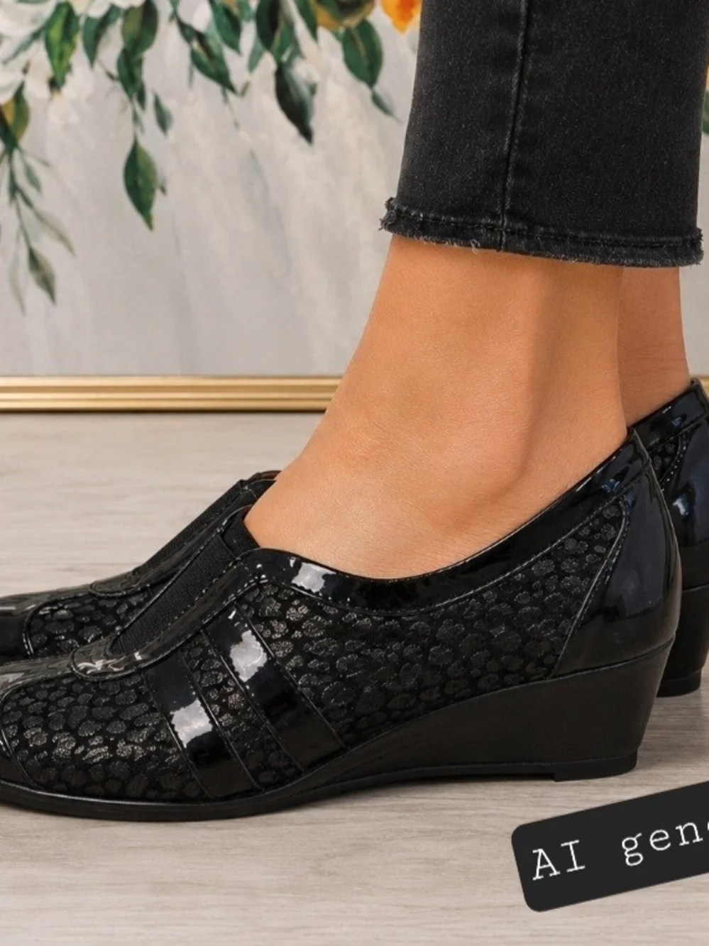 Taryn Rose Traveler Paislee Black Patent Textured Animal Print Slip-On Wedges
